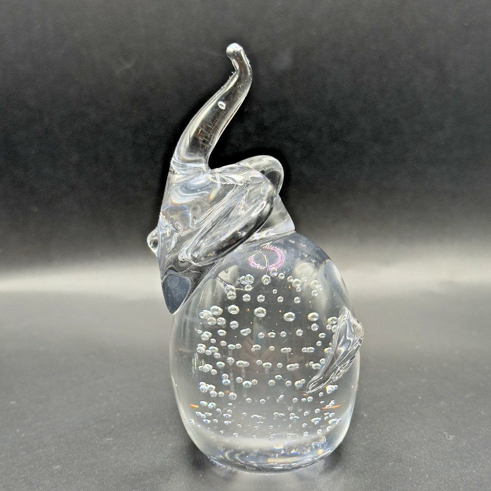 Elephant Paperweight Figurine Blown Glass Bullicante Bubbles Trunk Up 4.75”